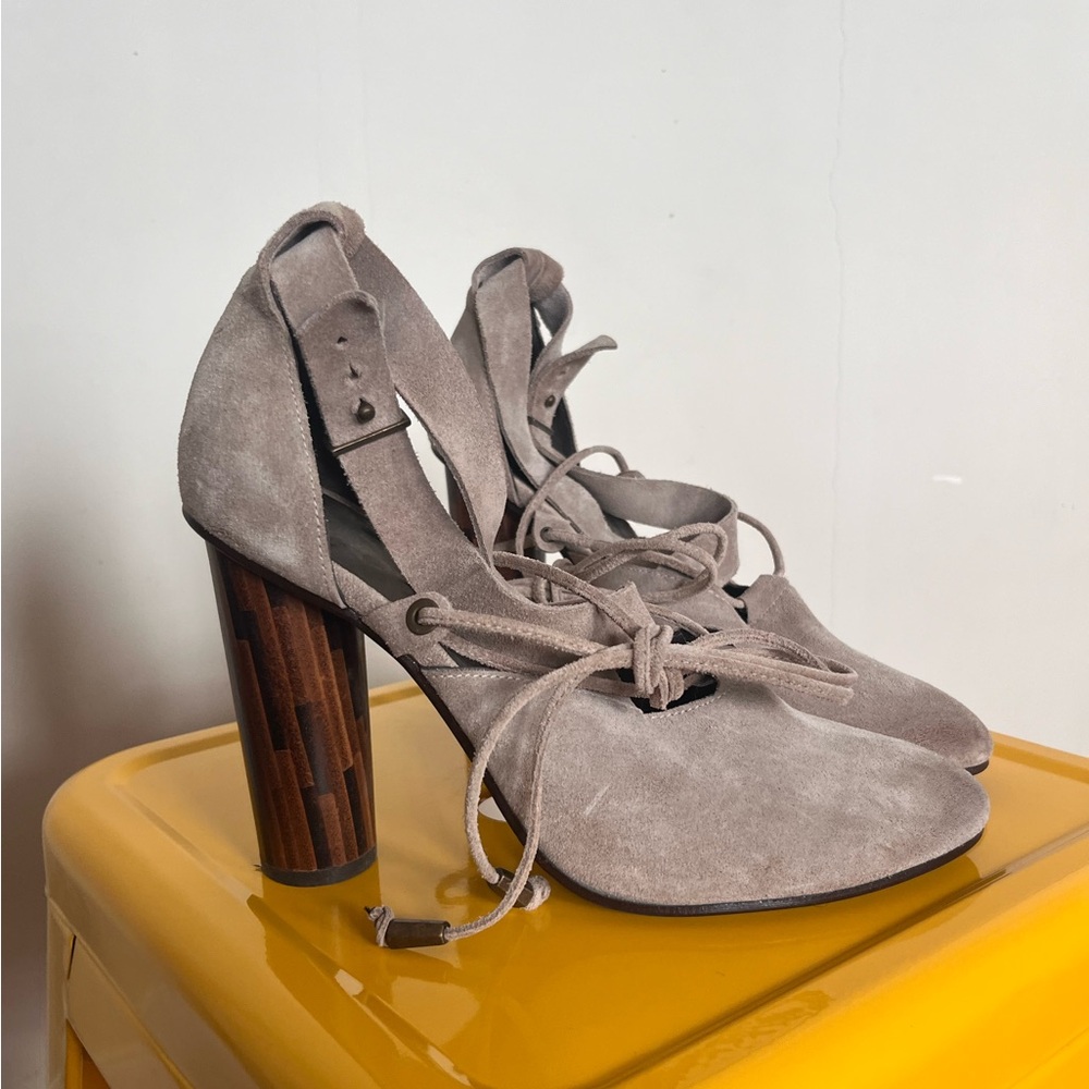 Free People wood heel suede pumps with tie straps, taupe, size 8 (38)